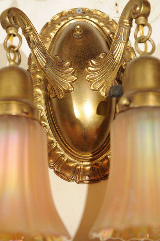 20th Century Pair of Two Arm Cast Bronze Sconces with Period Glass Shades