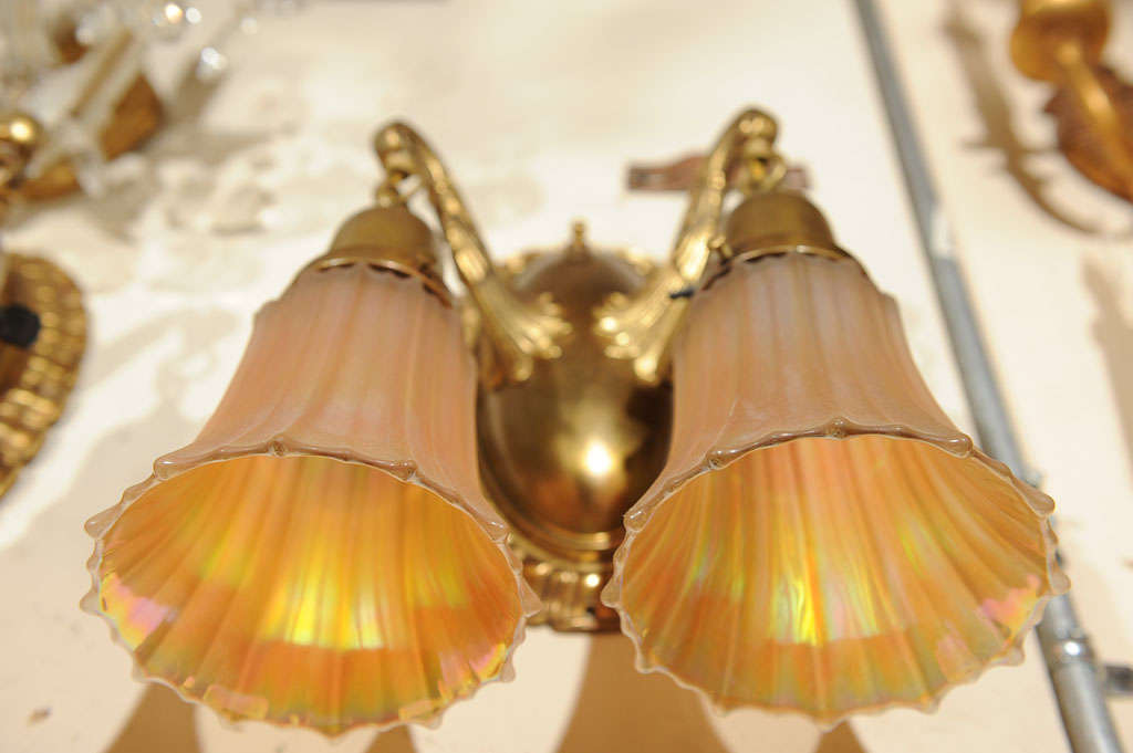 Pair of Two Arm Cast Bronze Sconces with Period Glass Shades 1