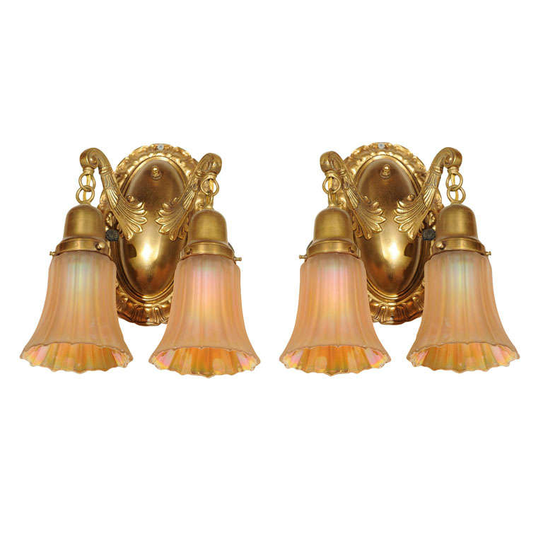 Pair of Two Arm Cast Bronze Sconces with Period Glass Shades