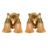 Antique Pair of Two Arm Cast Bronze Sconces with Period Glass Shades