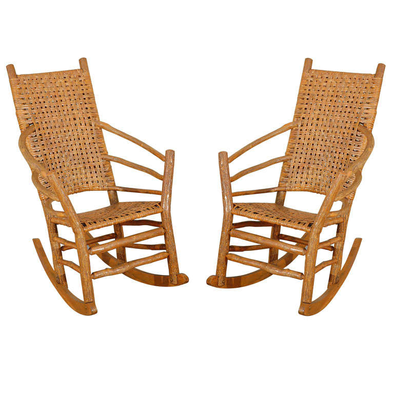 Pair Of Signed Old Hickory Rocking Chairs In Old Mustard Surface