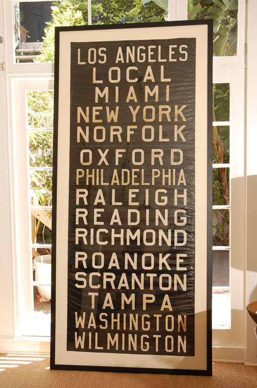 Wonderful scale, bus destination sign with a lot of great destinations. Newly framed with linen backing.