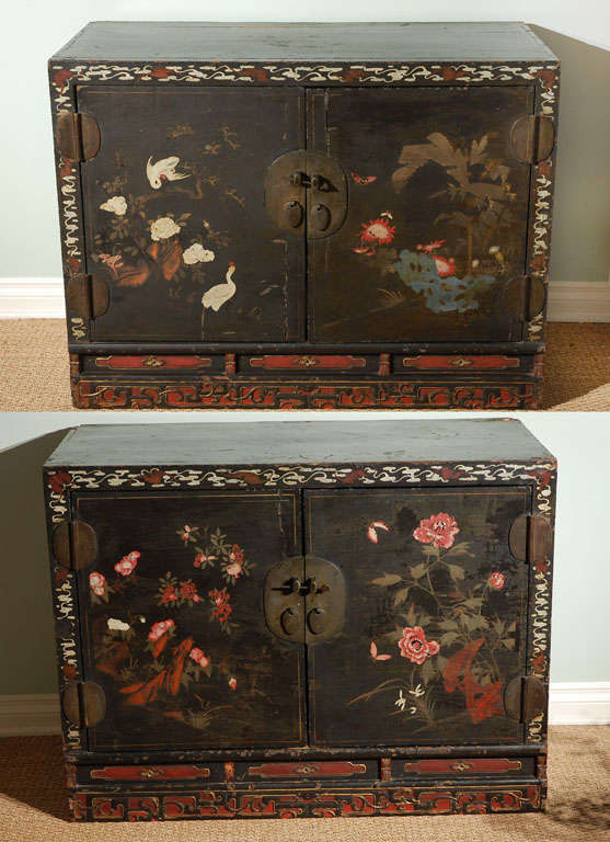 Unusual pair of naively painted chests. Good as end tables or cabinets. Great patina.