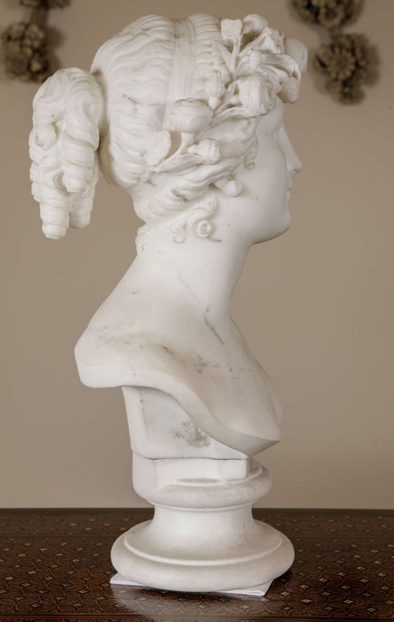 Carved White Marble Bust of Flora Circa 1830 For Sale
