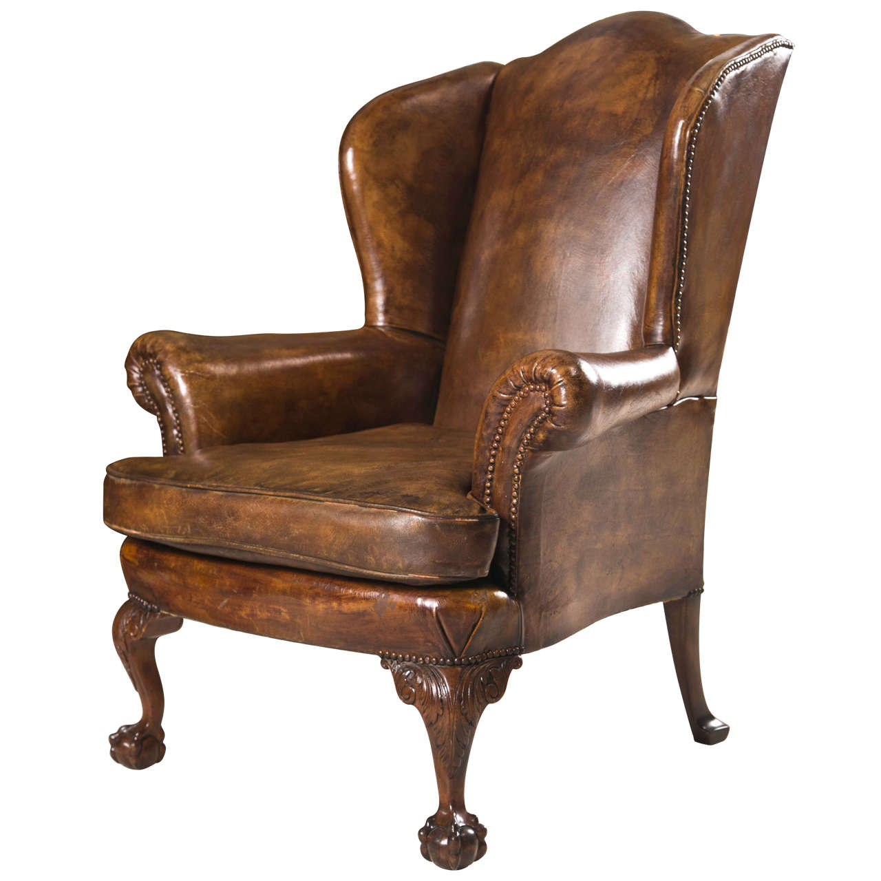 Late 19th C Leather Wingback Chair with Ball and Claw Feet