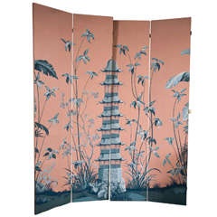19th C Painted Chinoiserie 4 Panel Folding Screen
