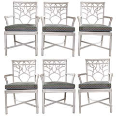 Set of Six Leather Tied White Rattan Chairs