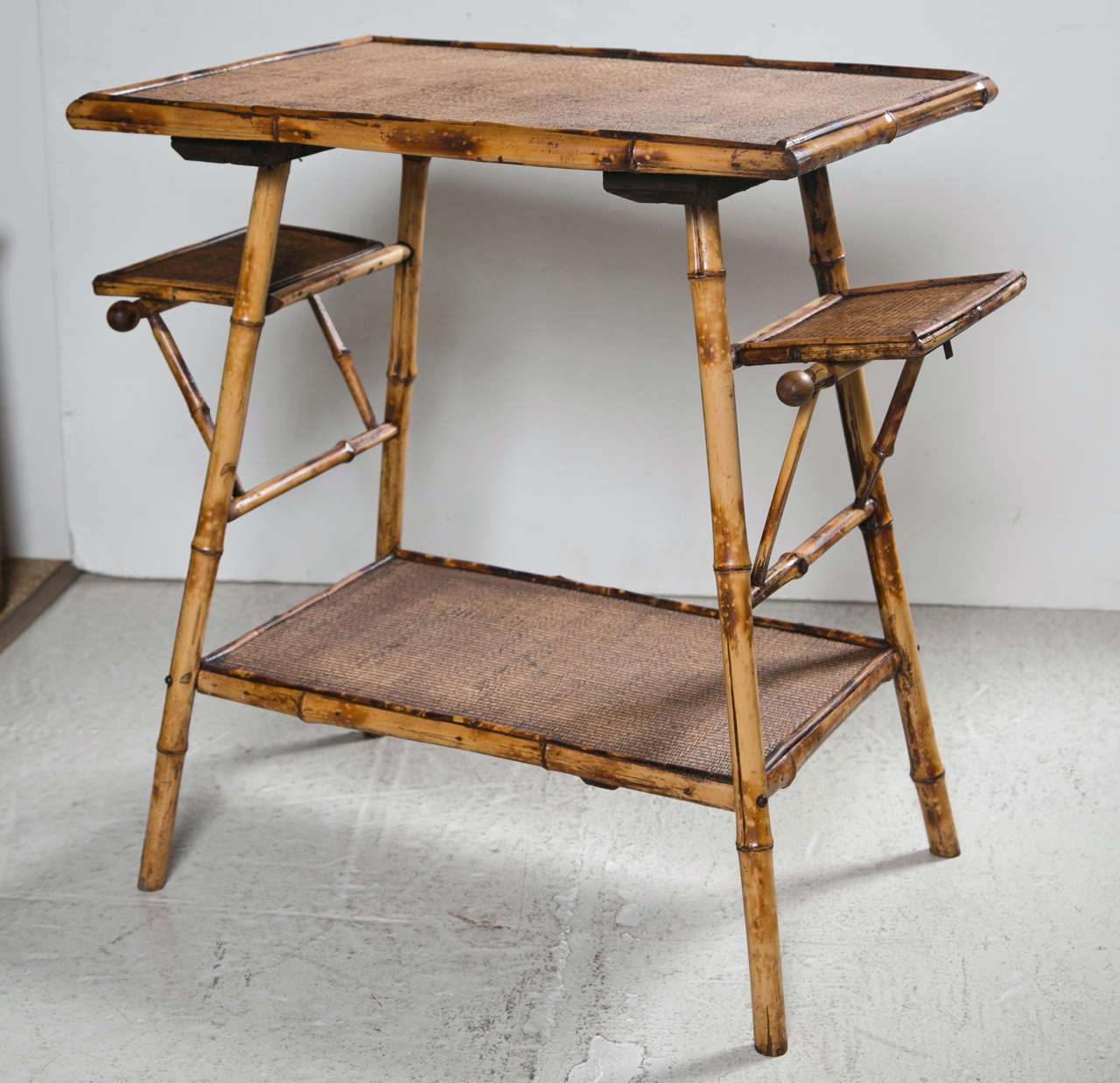Victorian Bamboo Table with folding side flaps and original grass cloth surfaces