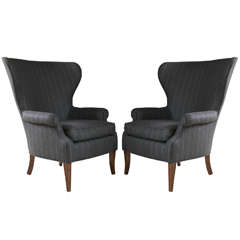 Pair of Mid-Century Wingback Chairs with Pinstripe Upholstery