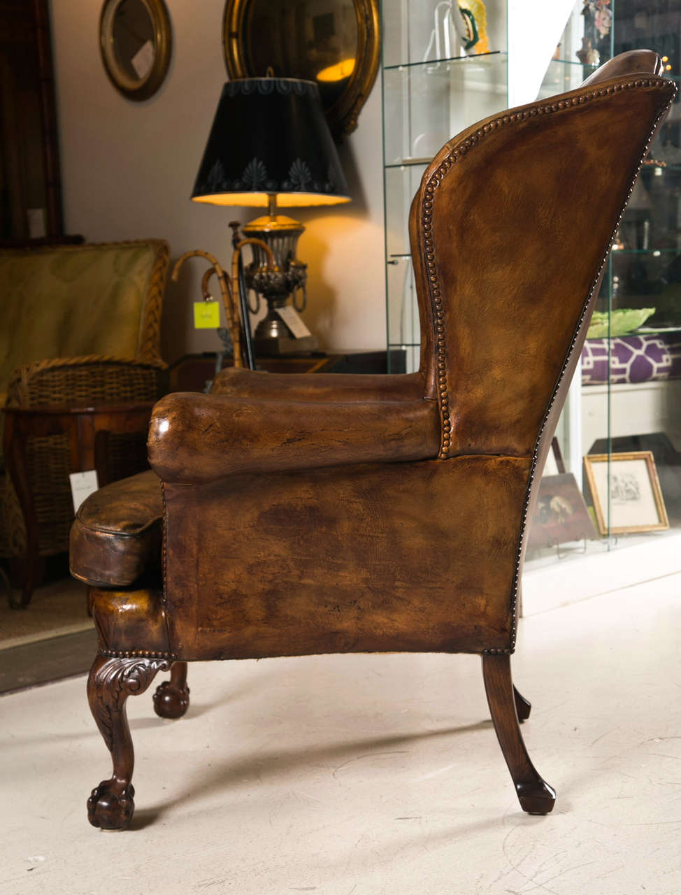 Late 19th C Leather Wingback Chair with Ball and Claw Feet at 1stDibs