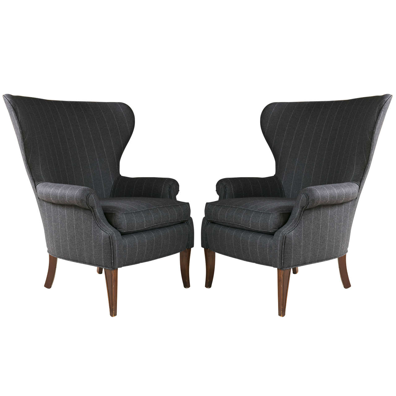 Pair of MidCentury Wingback Chairs with Pinstripe Upholstery at