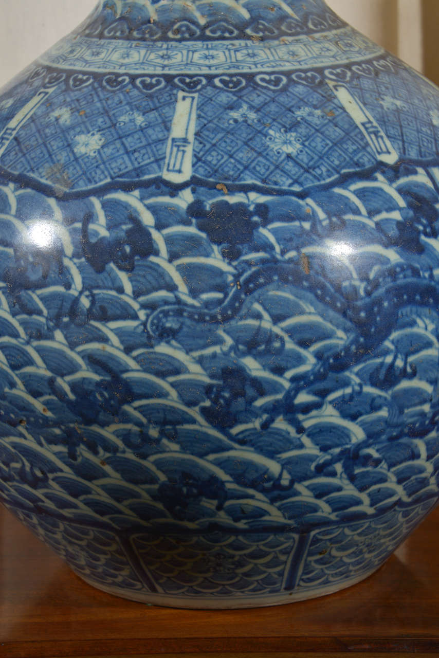 Chinese Large Antique Blue and White Dragon Vase