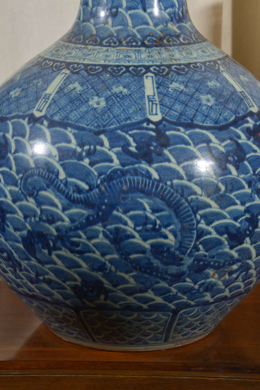 20th Century Large Antique Blue and White Dragon Vase