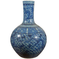 Large Antique Blue and White Dragon Vase