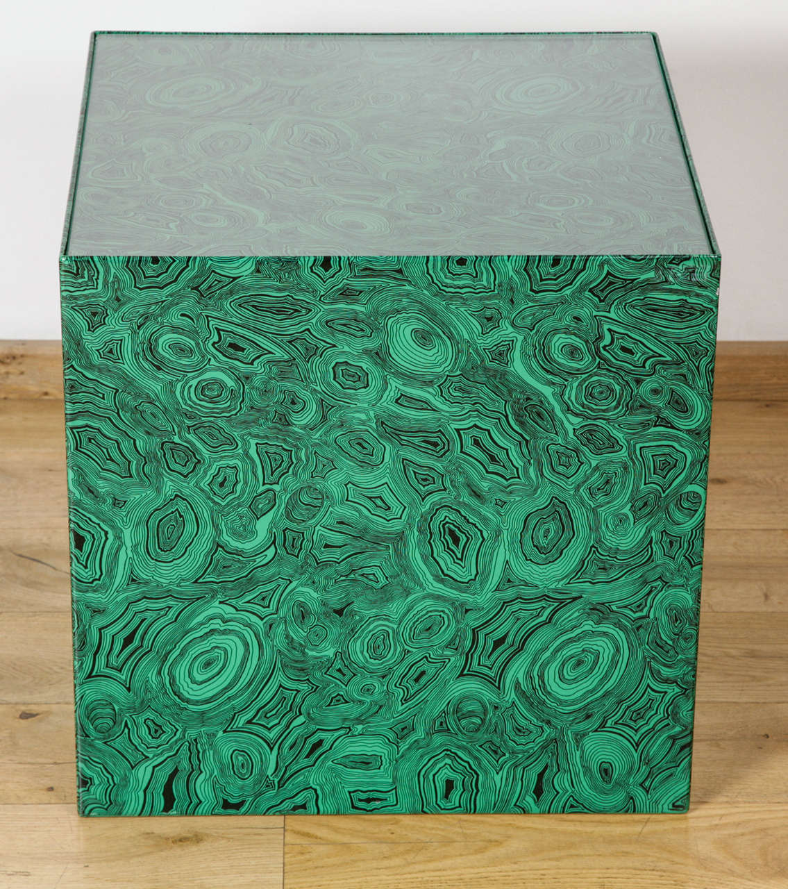 Metal cube, hand-painted to simulate malachite,
with original paper label,
glass top replaced.