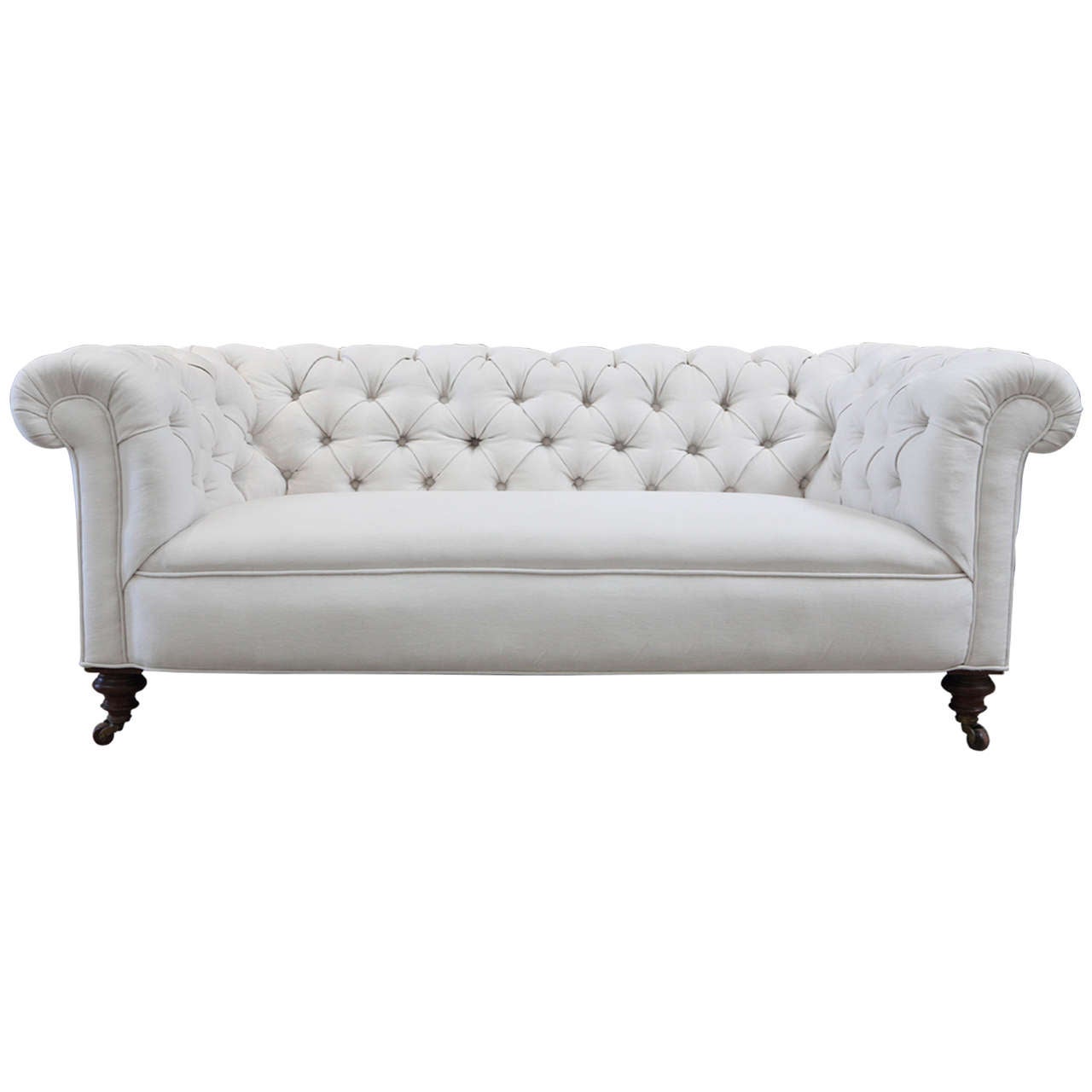 English Tufted Off-White Linen Loveseat , 19th Century