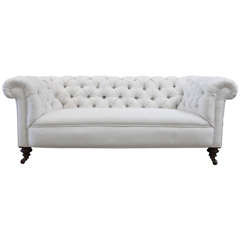 Antique English Tufted Off-White Linen Loveseat , 19th Century