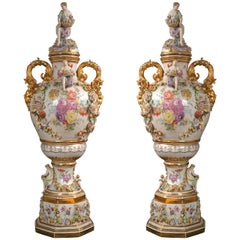 Fantastic Pair of Meissen Style Covered Urns