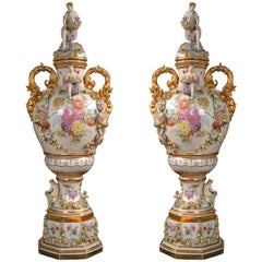 Fantastic Pair of Meissen Style Covered Urns