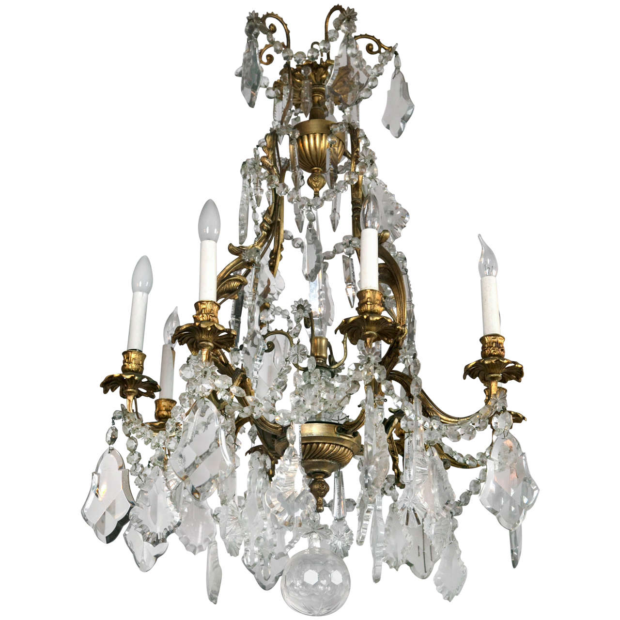 Eight-Light Bronze and Crystal Chandelier