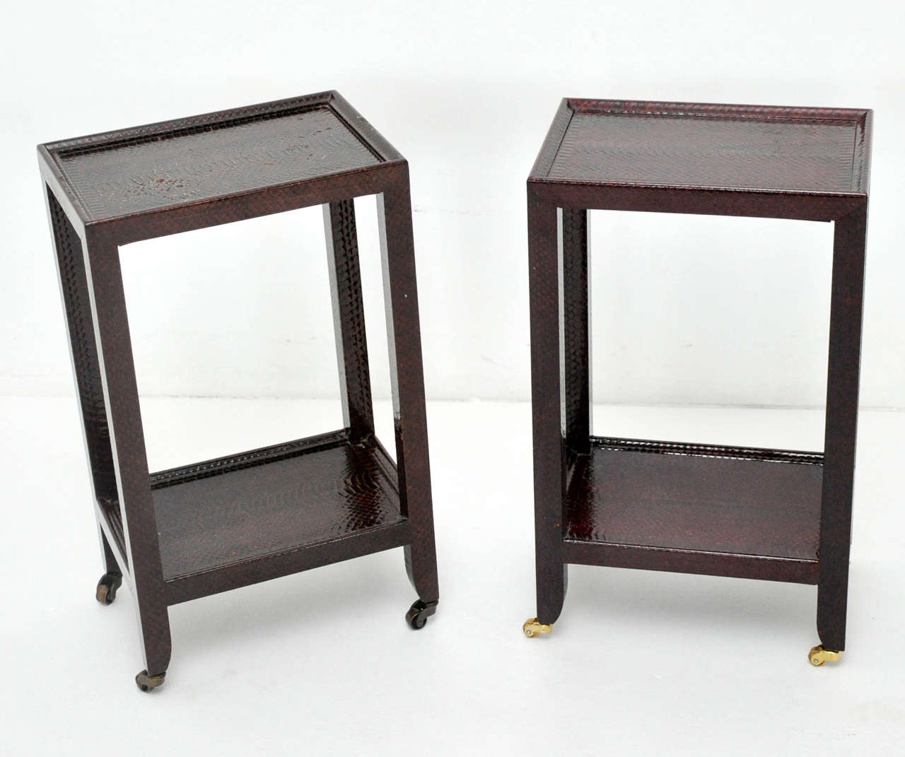 Pair of python skin cover telephone side tables by Karl Springer.