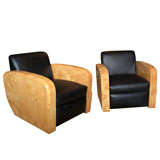 Pair of Burled Wood and Leather Armchairs