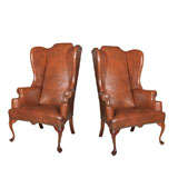 Pair of Queen Anne Style Leather Wing Chairs