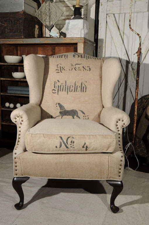 19th Century Linen Wing Chair w/Grain Sack/Horse