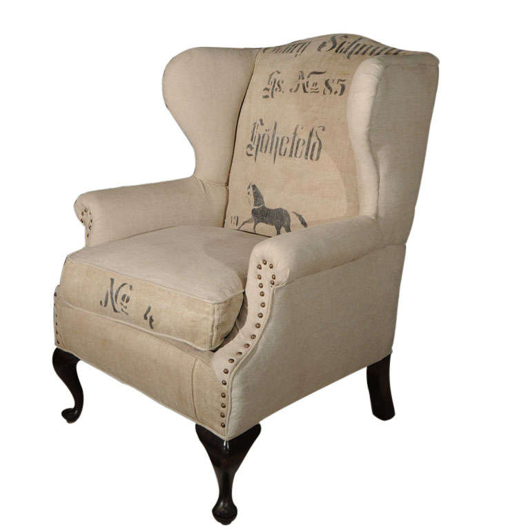 Linen Wing Chair w/Grain Sack/Horse