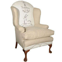 Vintage Wing Chair covered with Grain Sack Material with Crown and Deer