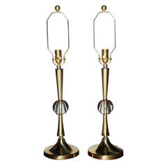 1950's Pair of Hollywood Regency Fluted Brass and Crystal Ball Table Lamps 9