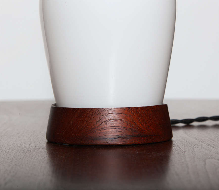 Scandinavian Modern Holmegaard Danish Modern White Cased Glass, Walnut detailed, Table Lamp, 1960s  For Sale
