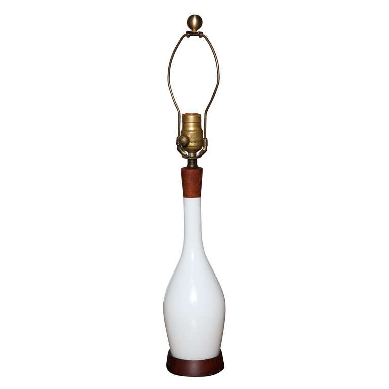 Holmegaard Danish Modern White Cased Glass, Walnut detailed, Table Lamp, 1960s  For Sale