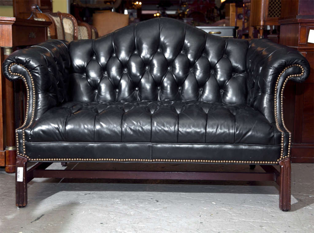 Wood Pair of Chesterfield Leather Sofas Loveseats