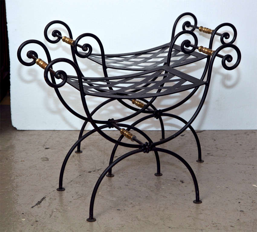 Pair of decorative black iron benches with brass accents.