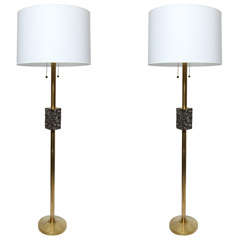 Pair of 1960s Architectural Brass and Silver Floor Lamps
