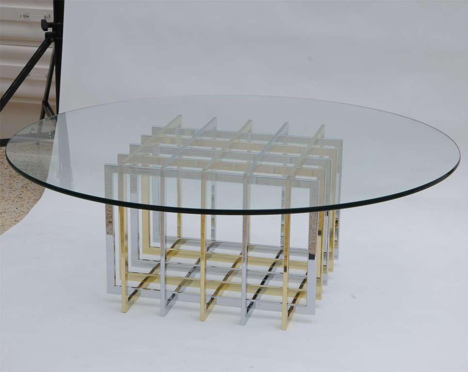Glass Pierre Cardin Chrome and Brass Grid Coffee Table