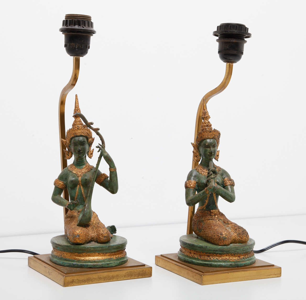 Modern bedside lamps bronze statues of Indian Hindu Goddesses playing music Table lamp, produced by J.L.B. decorative table lamps, 1970s.