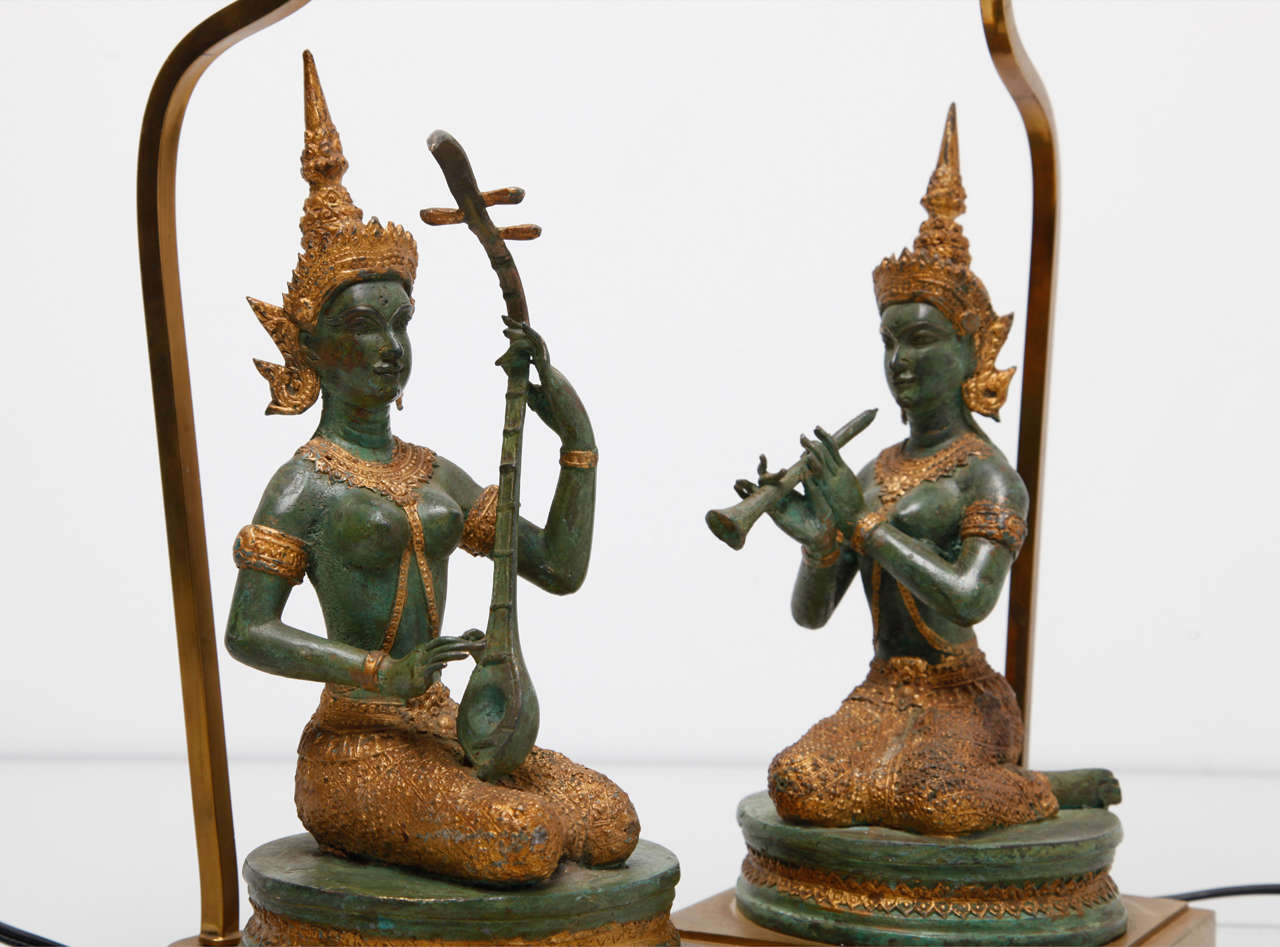Table Lamps Set of Bronze Gilded Musicians , France 1970s 3