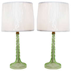 Pair of American Art Deco, Green Crystal Table Lamps with Shades