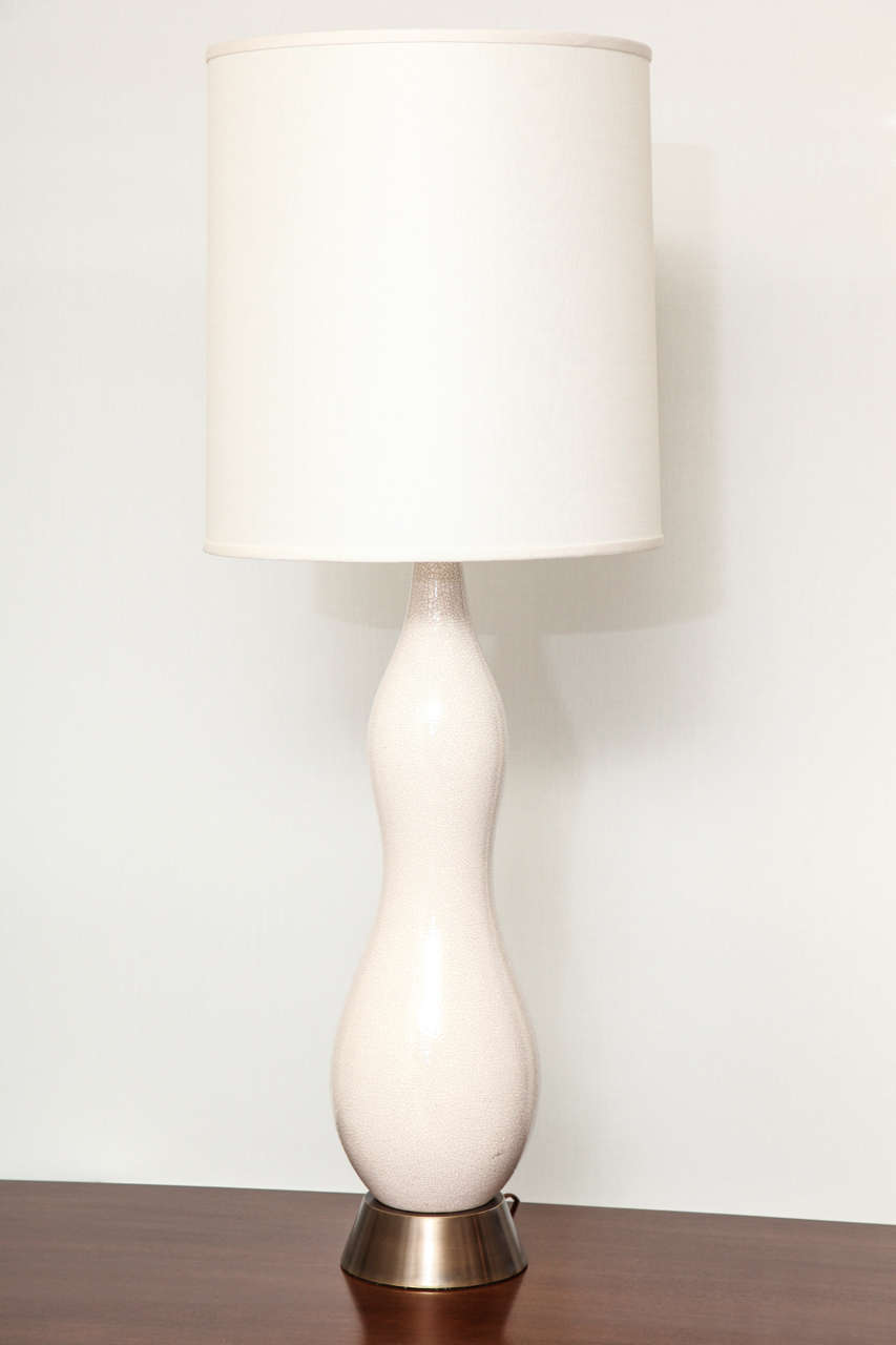 Tall white crackle glazed ceramic gourd lamp with bronze base c. 1950