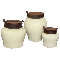 Vintage Set of Three Asian Crackle Glaze Jars With Iron Lids