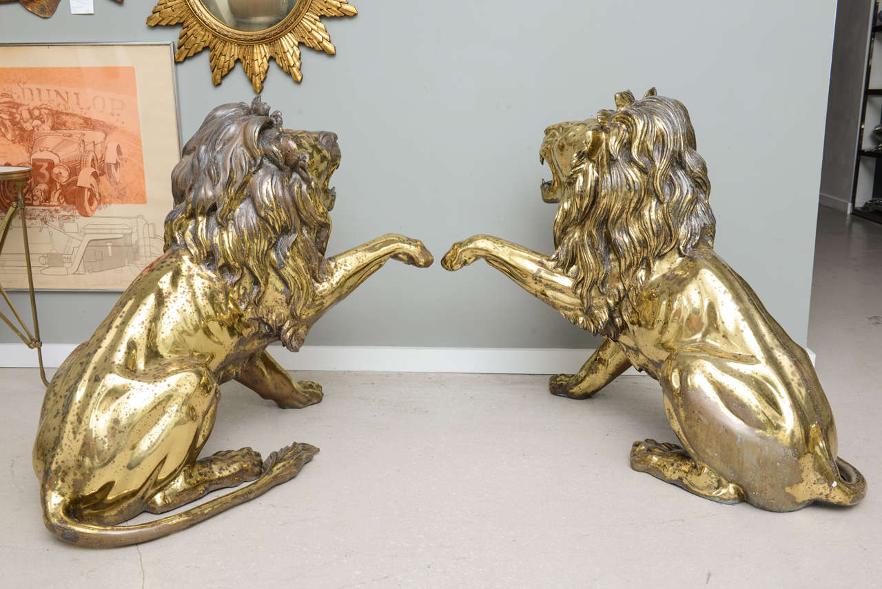 Pair of Large Brass Lions In Good Condition In West Palm Beach, FL