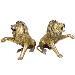 Pair of Large Brass Lions