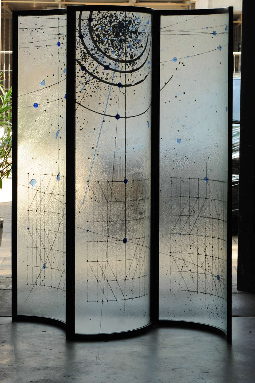 This is an extraordinary and ultra rare glass 3 panel room divider by the famous Italian Fiam company (marked on all 3 panels) The Fiam screens are all one of a kind art objects and extremely rare to find. Every panel is a stand alone unique piece