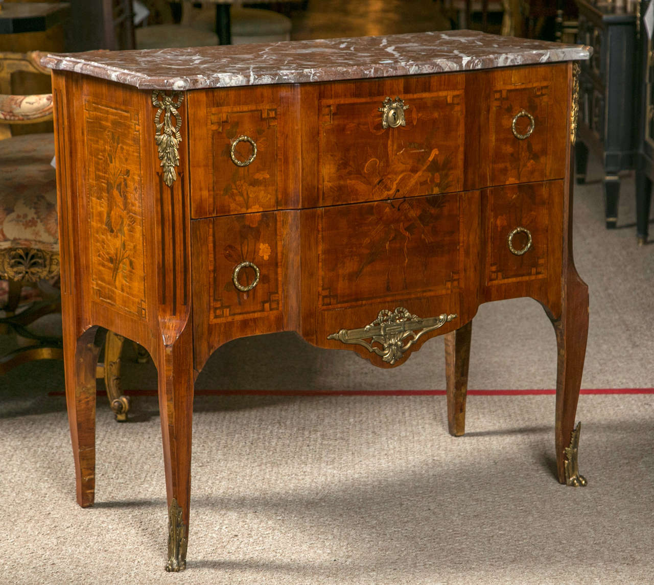 Pair of Transitional Louis XV Style Marble Top French Commodes In Good Condition In Stamford, CT