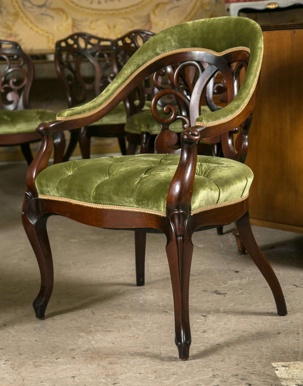 Rococo Set of Eight Mahogany Dining Chairs by J. Zonon