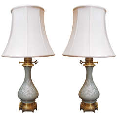 Pair Antique 19th Century Celadon "Pate sur Pate" Lamps