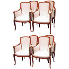 Set of Eight Antique French Briarwood Dining Chairs with Marble Pilaster