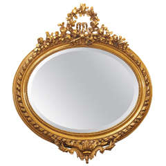 Antique French Louis XVI Gold Leaf Oval Beveled Mirror